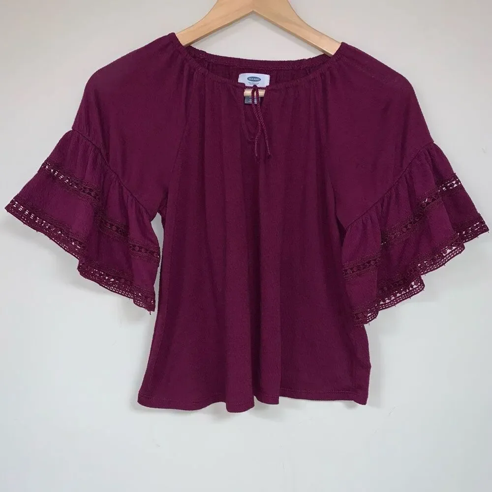 Boho Peasant Top Girls Small 6-7 shirt Blouse Flowy Hippie Fall School Burgundy